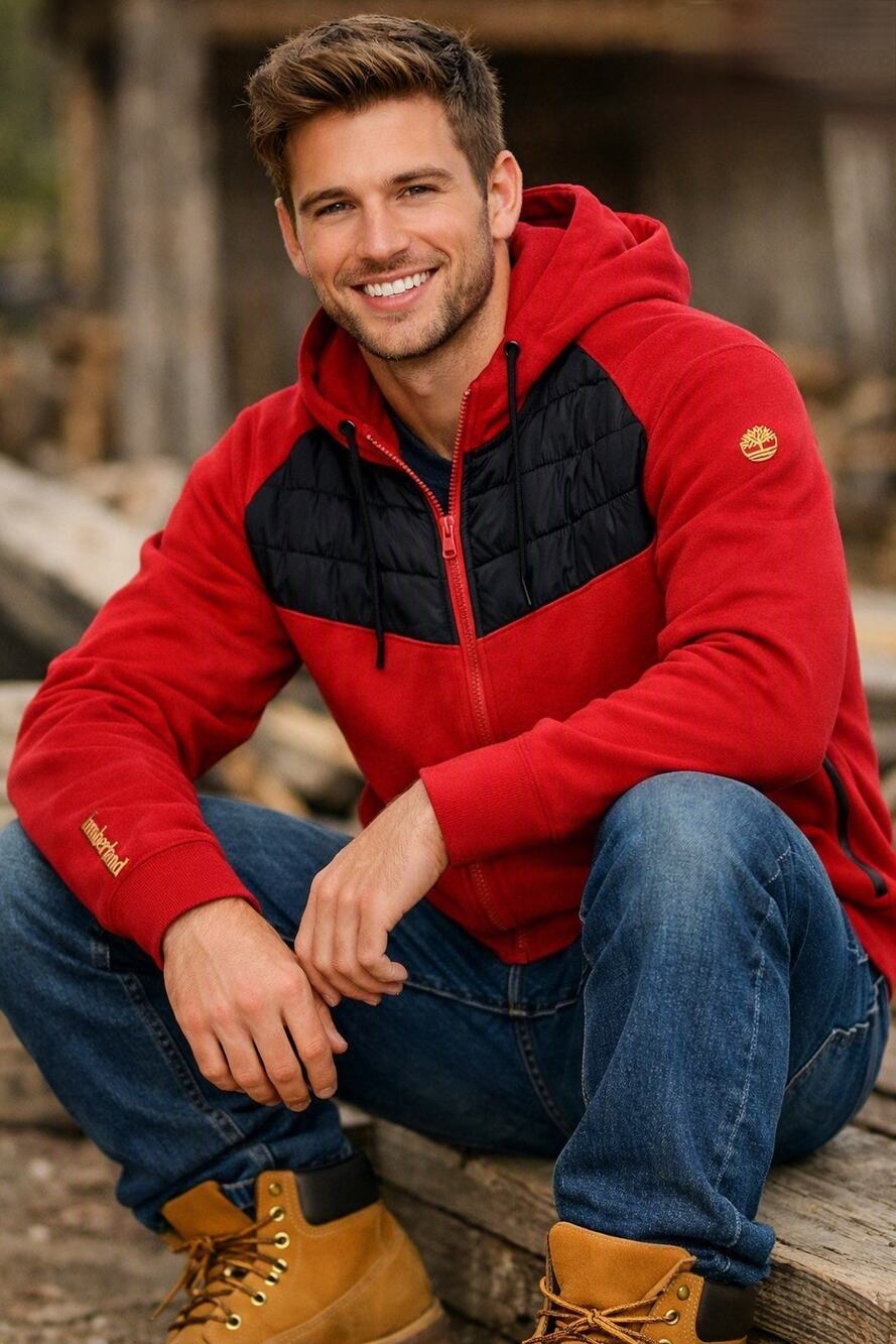 Timberland Boots For Good Full Zip Hoodie Men's Hooded Red Black Jacket NEW Sz L